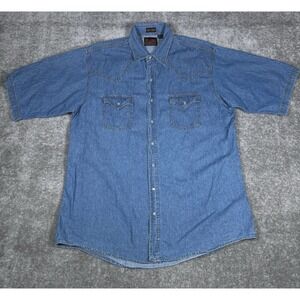 Vintage Plains Denim Shirt Mens LT Tall Man Blue Short Sleeve Pearl Snap Western